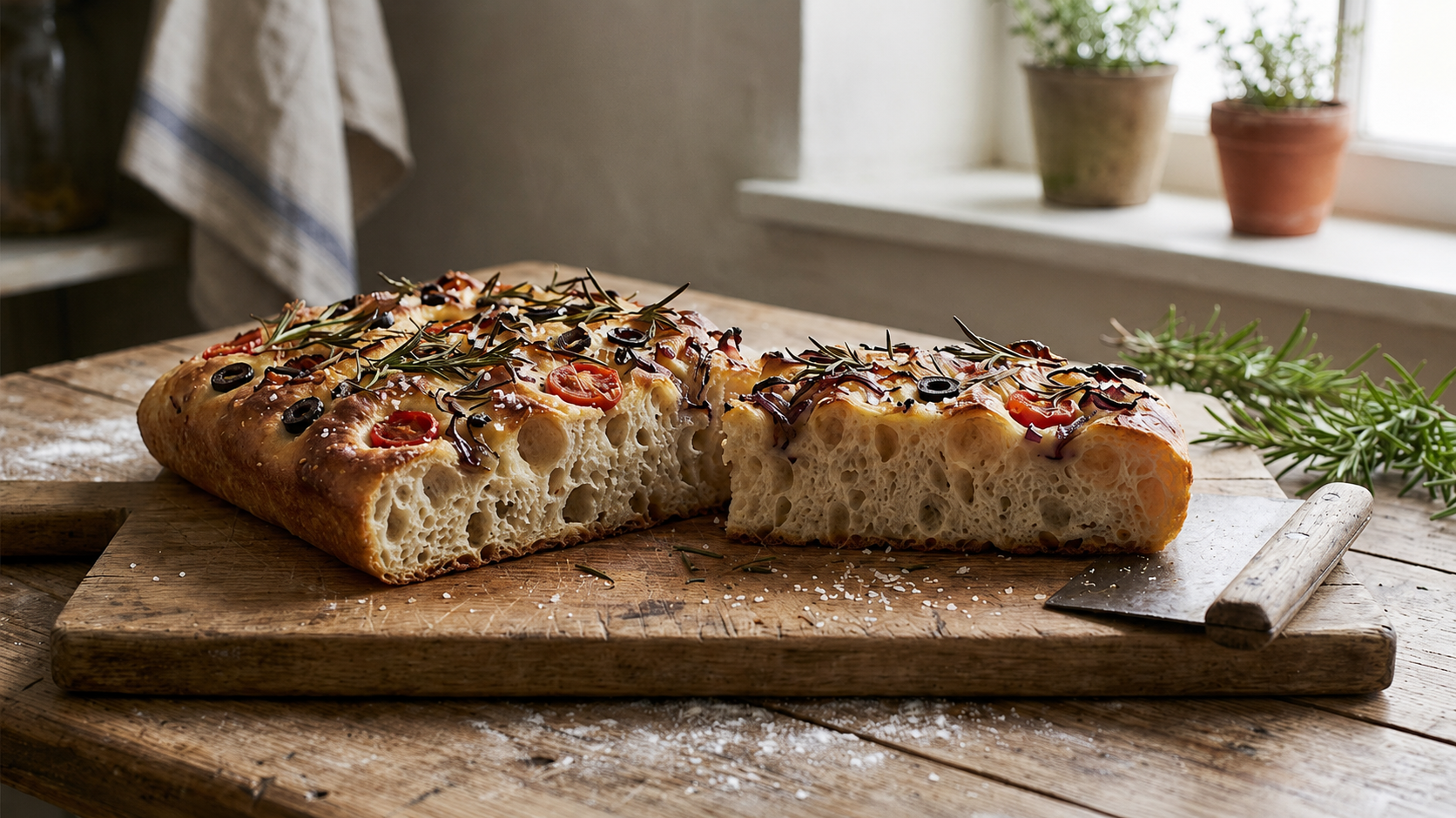 Resultado final de focaccia genovesa alta y jugosa