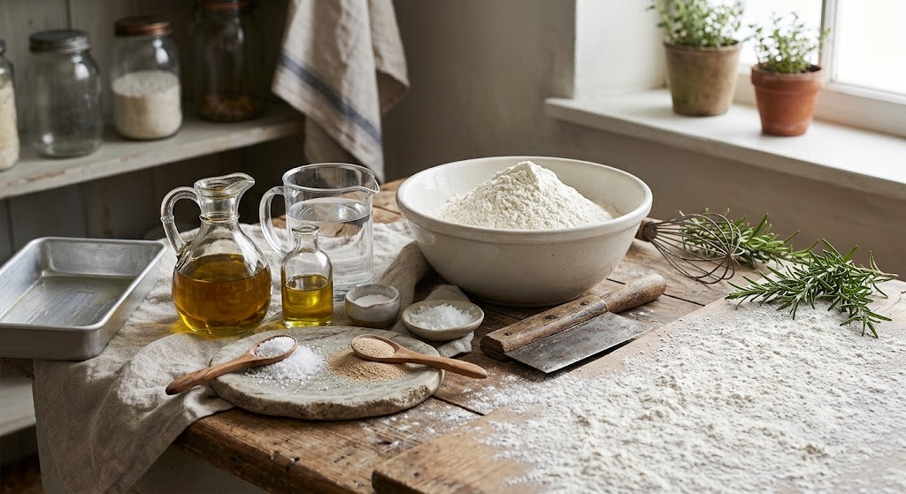 Ingredientes para focaccia genovesa alta y jugosa