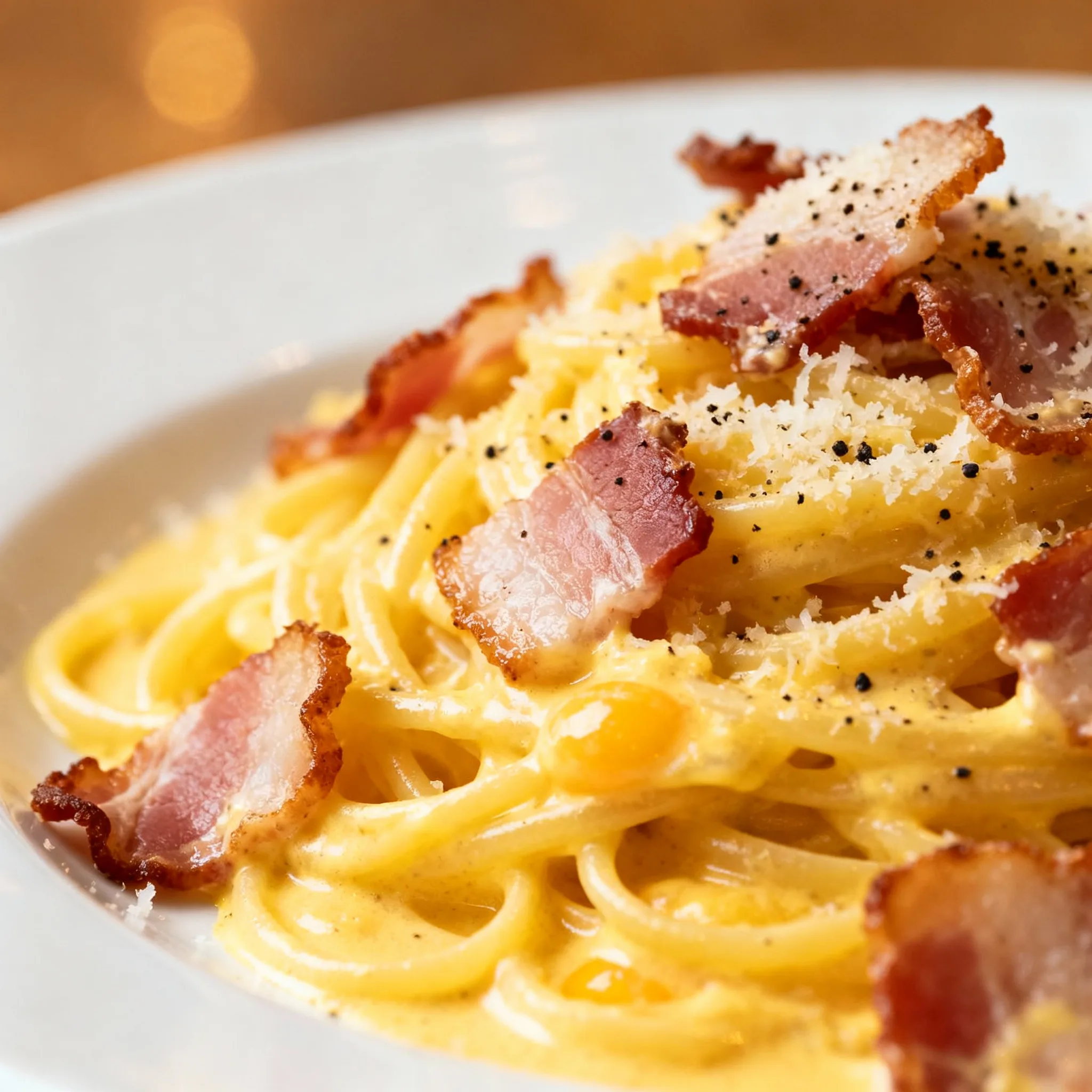 Carbonara auténtica con guanciale, yema y pecorino