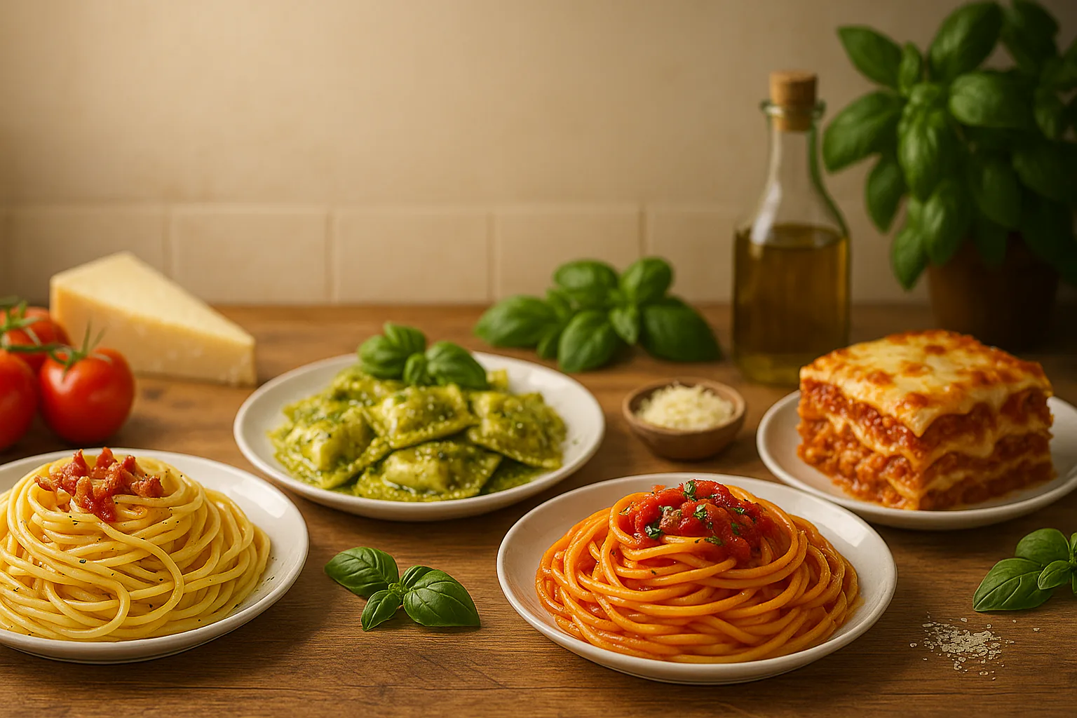 Mesa con recetas de pasta, lasaña, fideuà y noodles del mundo