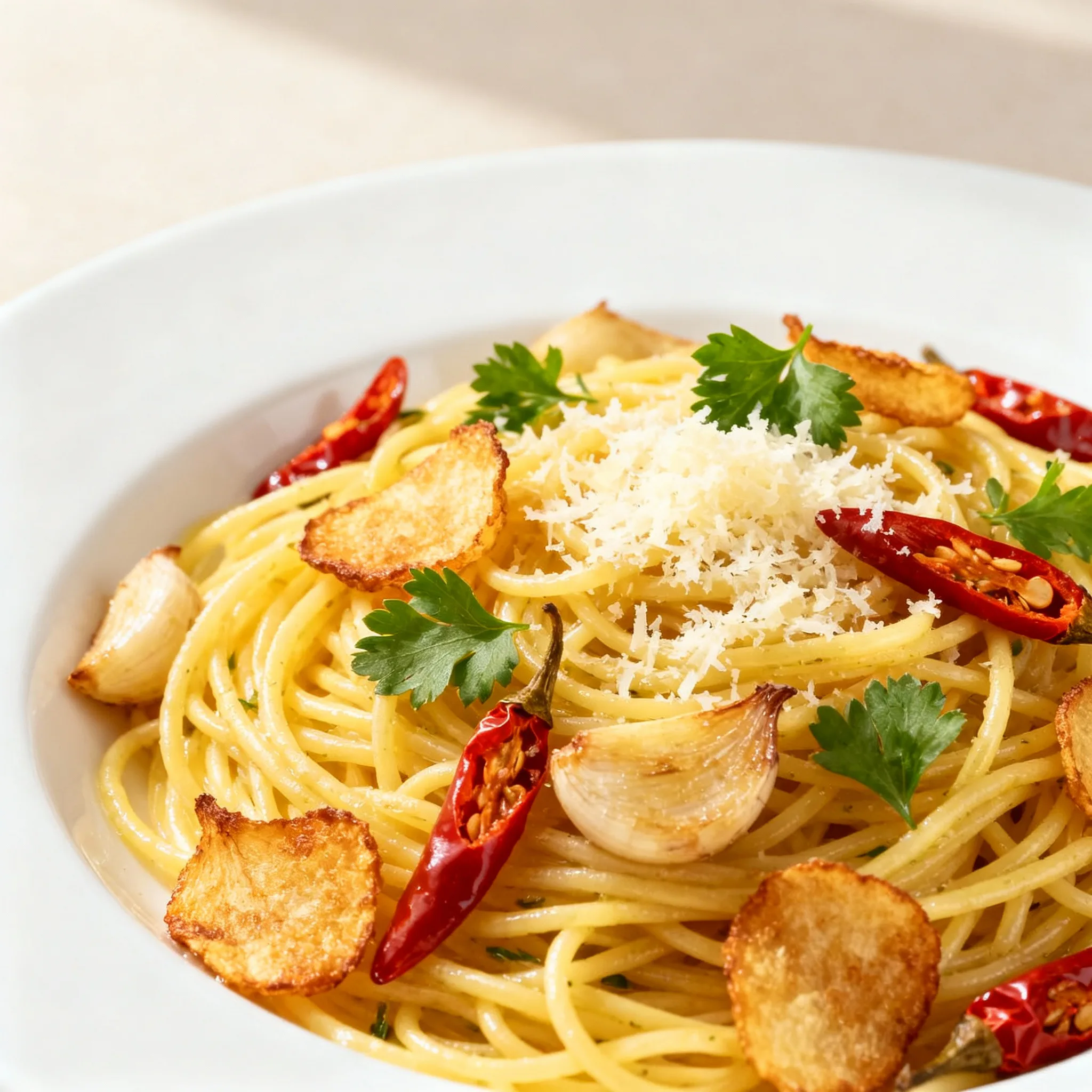 Espaguetis aglio e olio bien emulsionados