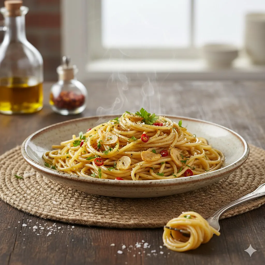 Espaguetis aglio e olio bien emulsionados listo para servir