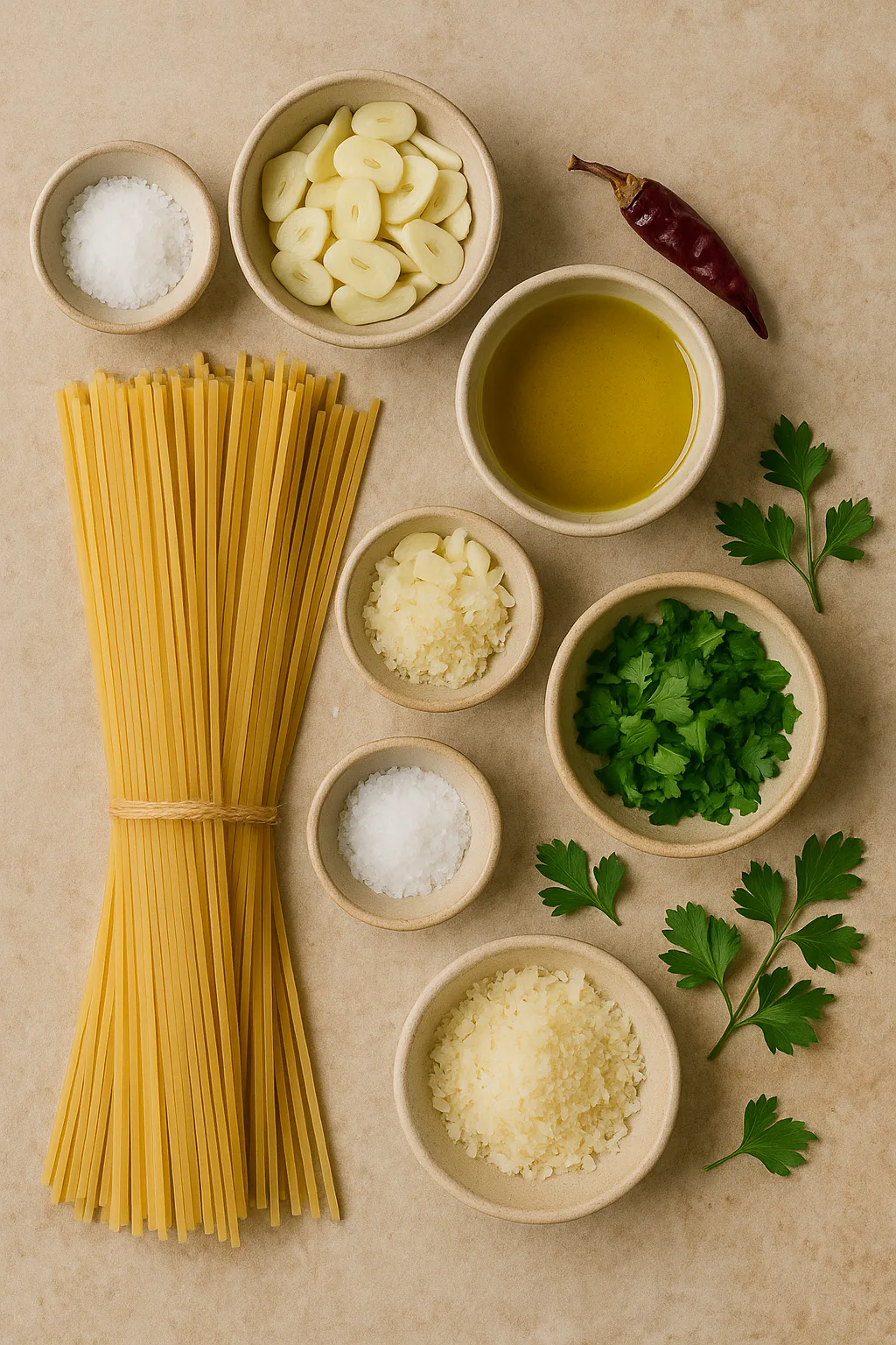 Ingredientes para Espaguetis aglio e olio bien emulsionados