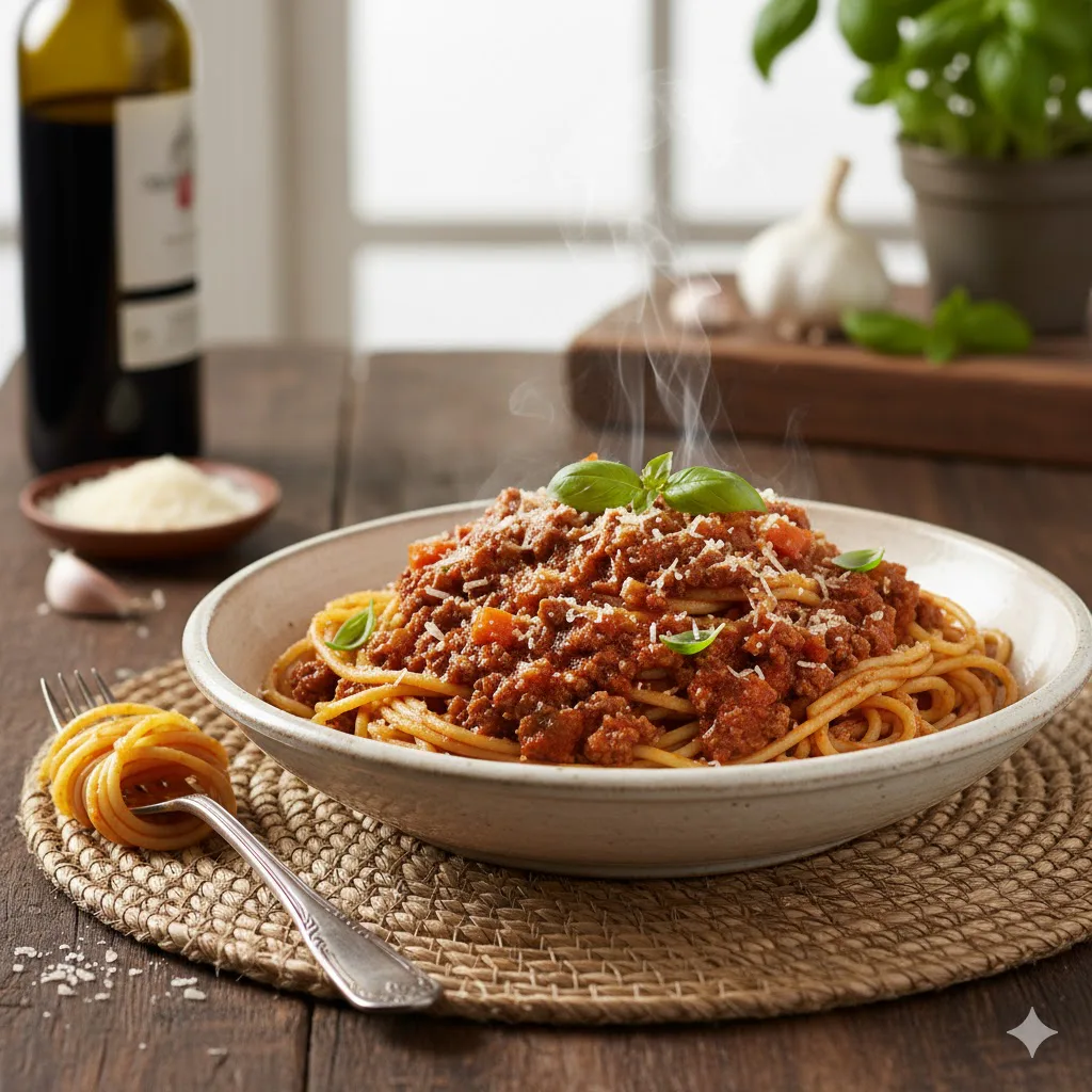 Espaguetis con salsa boloñesa casera listo para servir