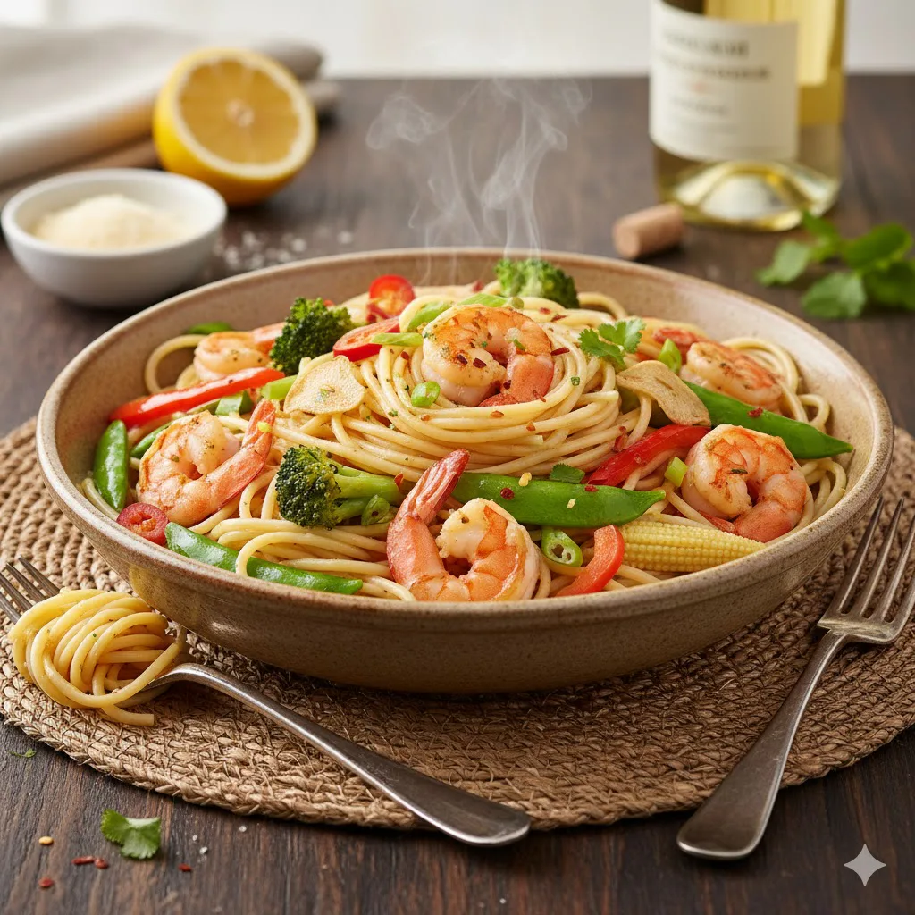 Espaguetis con verduras y gambas listo para servir