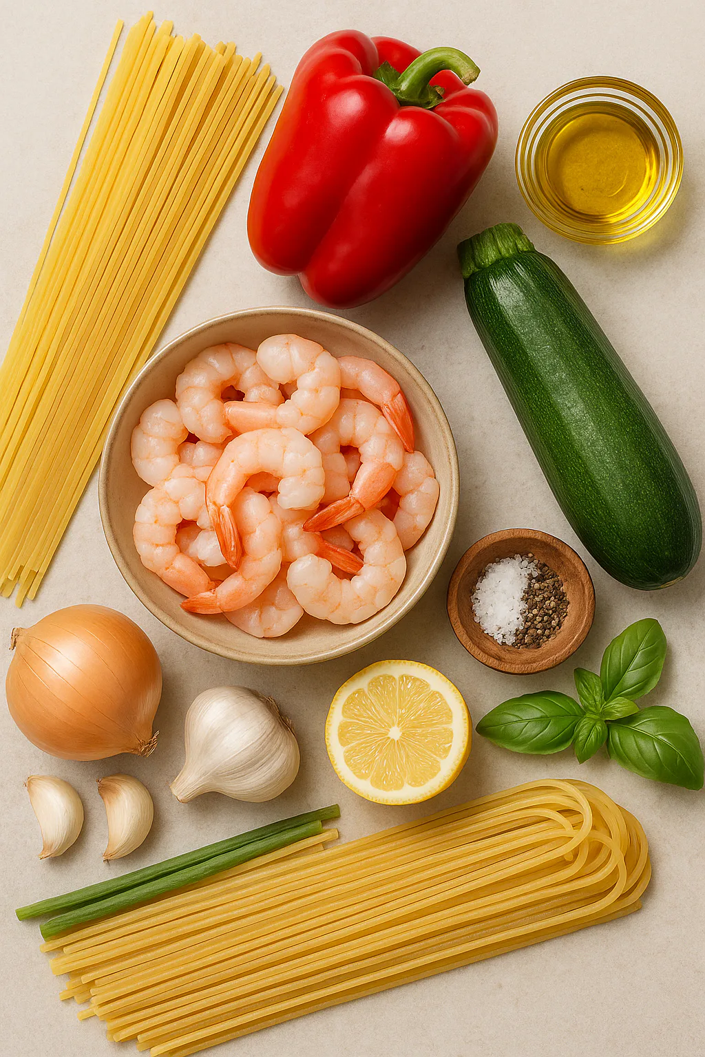 Ingredientes para Espaguetis con verduras y gambas