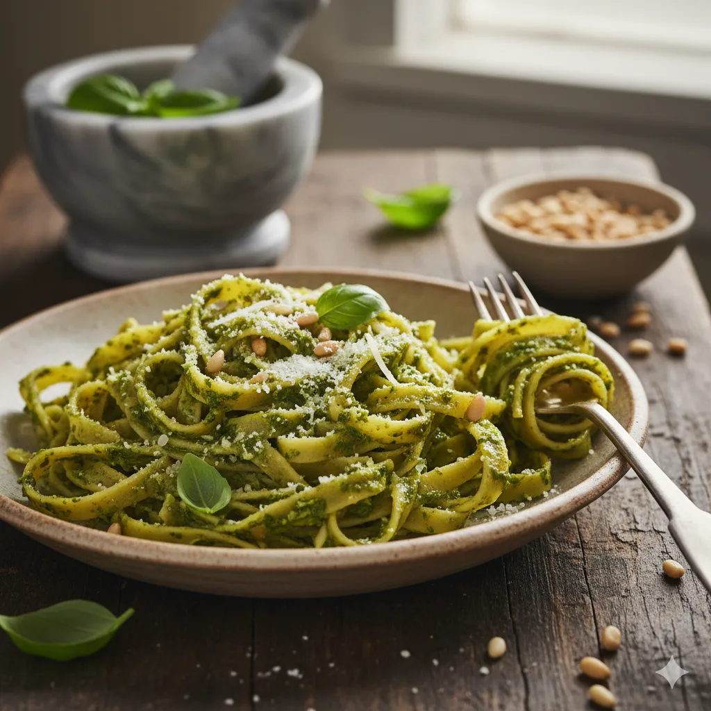 Fettuccine al pesto genovés cremoso listo para servir