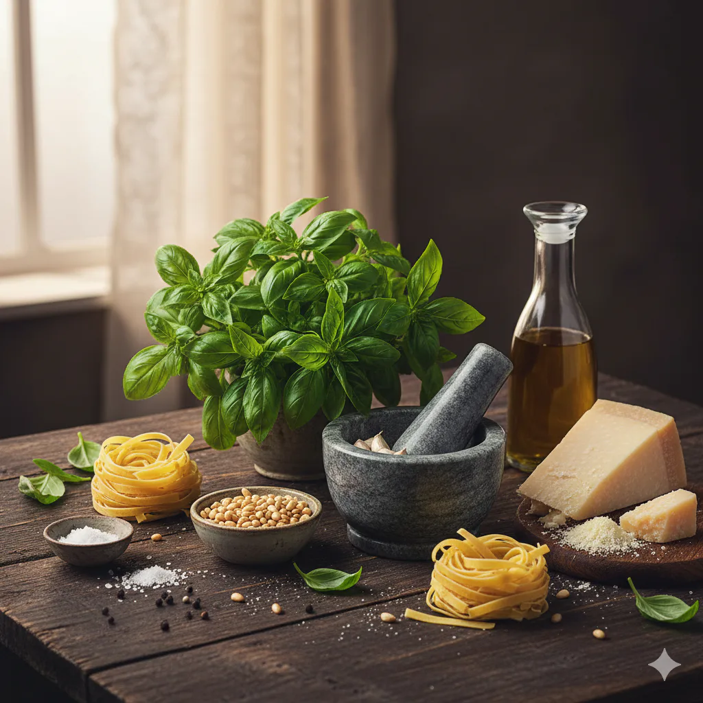 Ingredientes para Fettuccine al pesto genovés cremoso