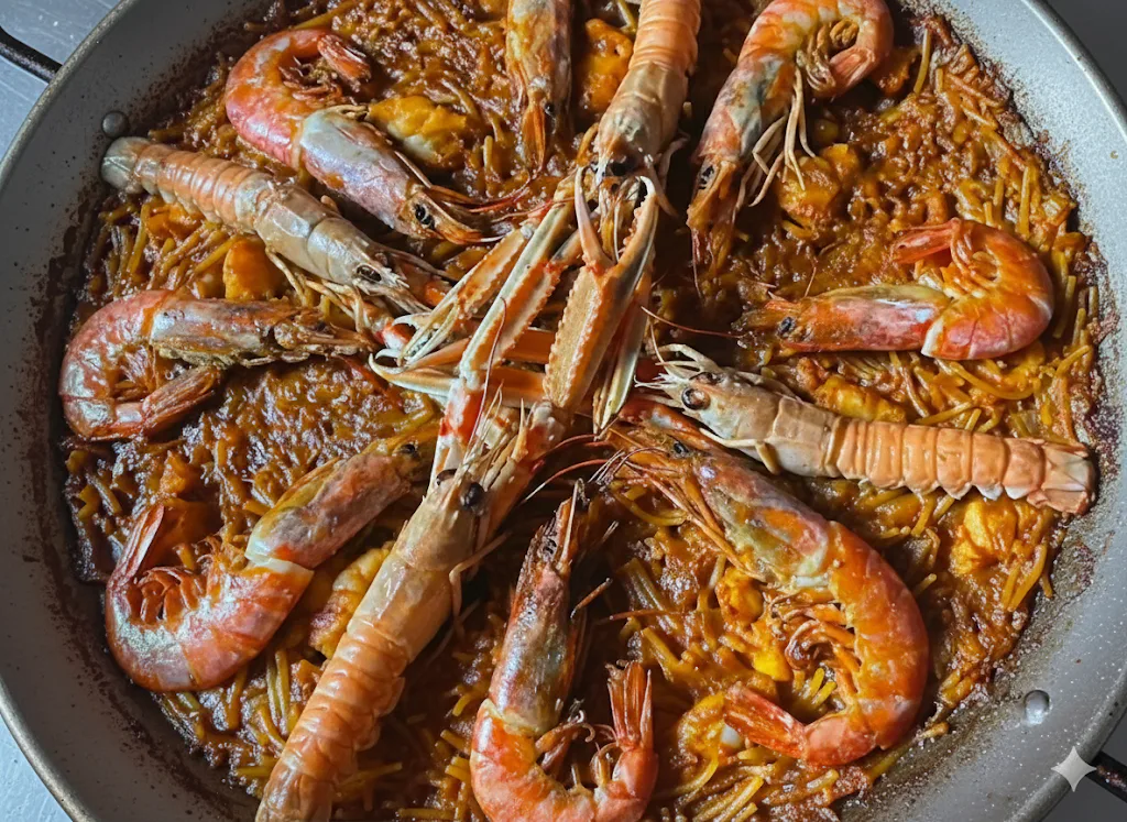 Fideuà de Gandía con rape, calamar y marisco listo para servir