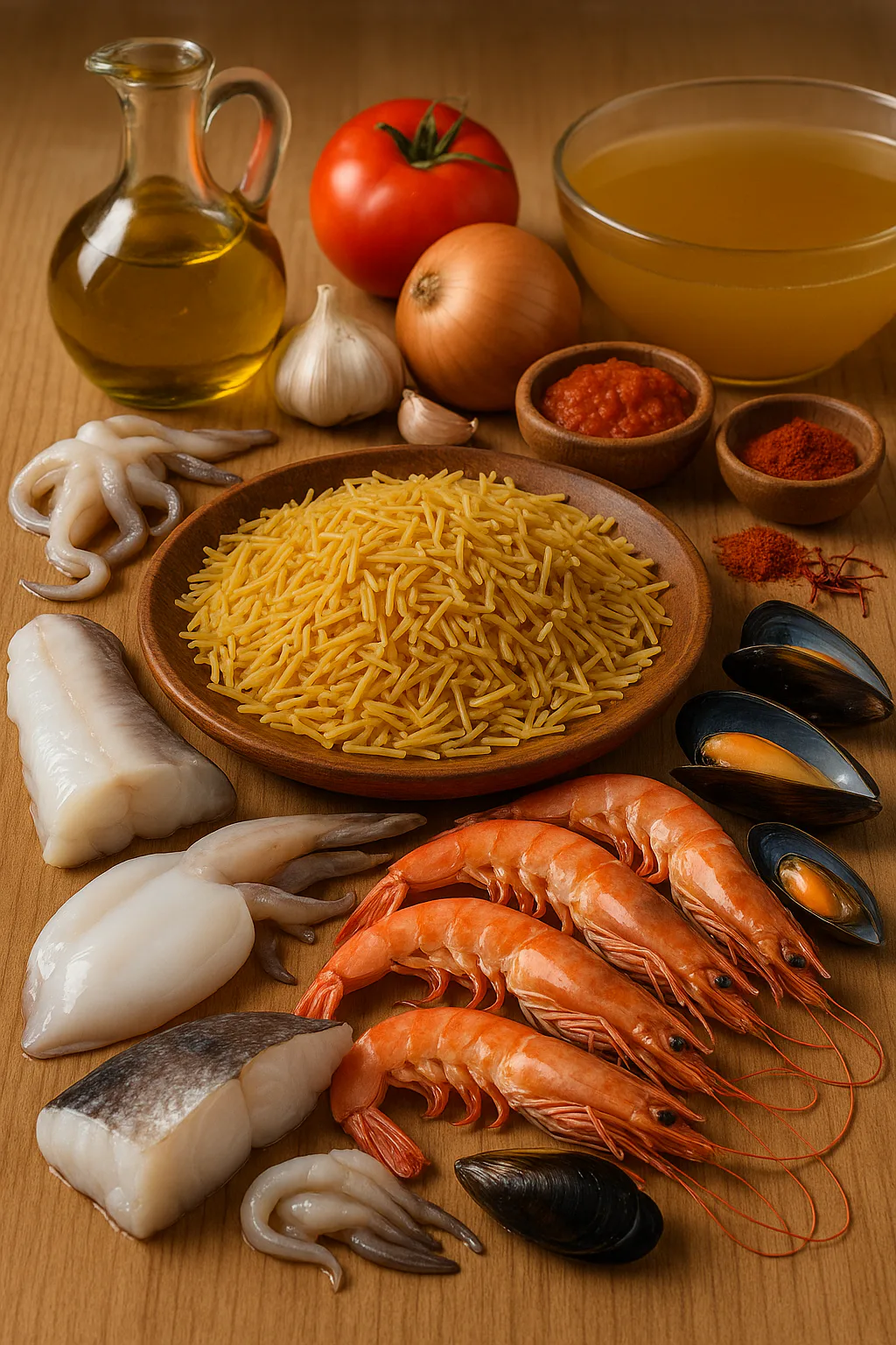 Ingredientes para Fideuà de Gandía con rape, calamar y marisco