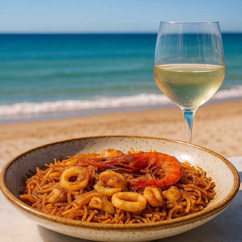 Fideuà de marisco servida frente al mar con copa de vino blanco