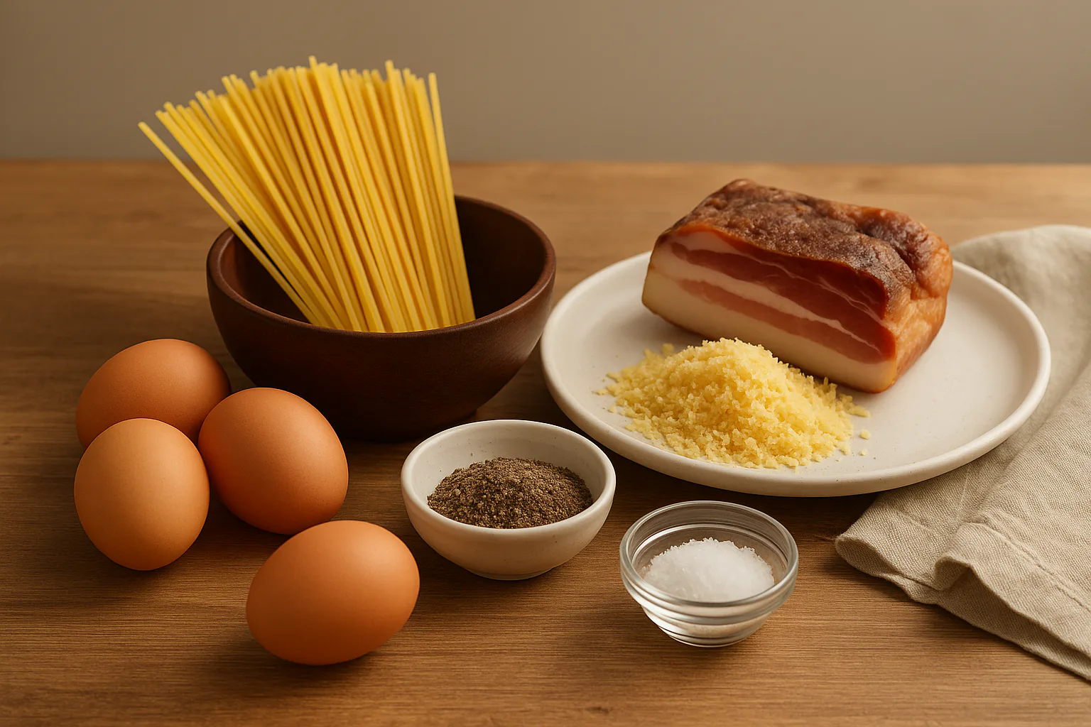 Ingredientes para Carbonara auténtica con guanciale, yema y pecorino