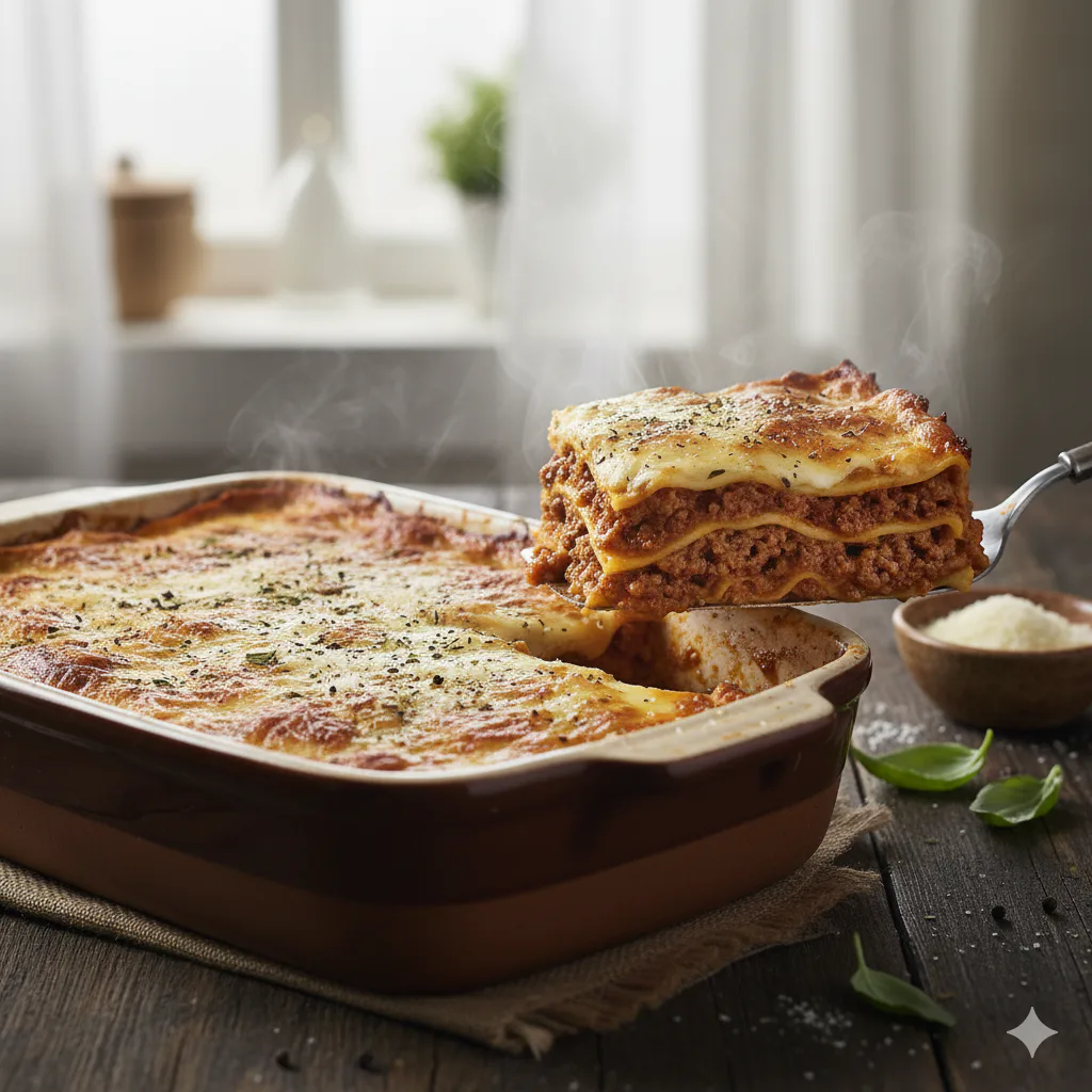 Lasaña de carne clásica con ragú y bechamel listo para servir