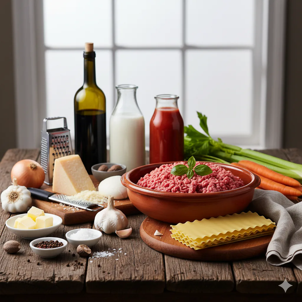 Ingredientes para Lasaña de carne clásica con ragú y bechamel