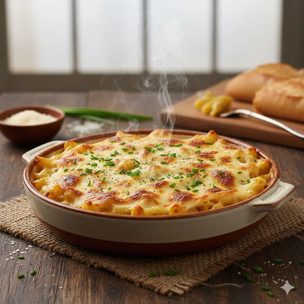 Macarrones gratinados con bechamel y queso listo para servir