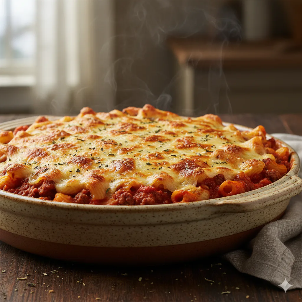 Macarrones al horno con carne, tomate y queso listo para servir