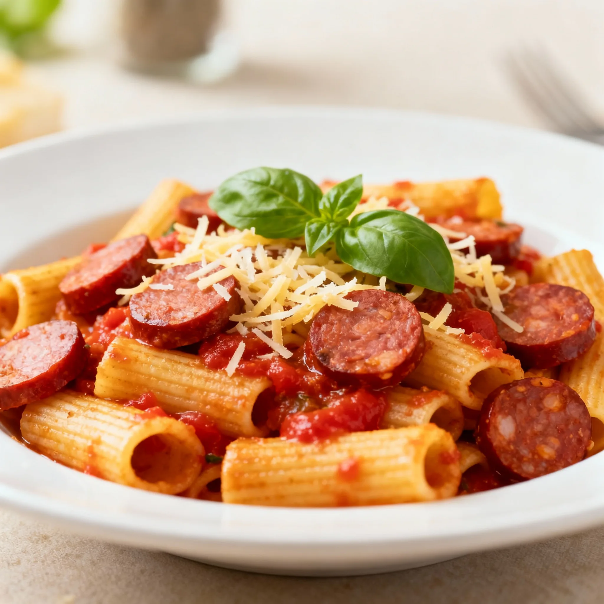 Pasta con chorizo y tomate concentrado