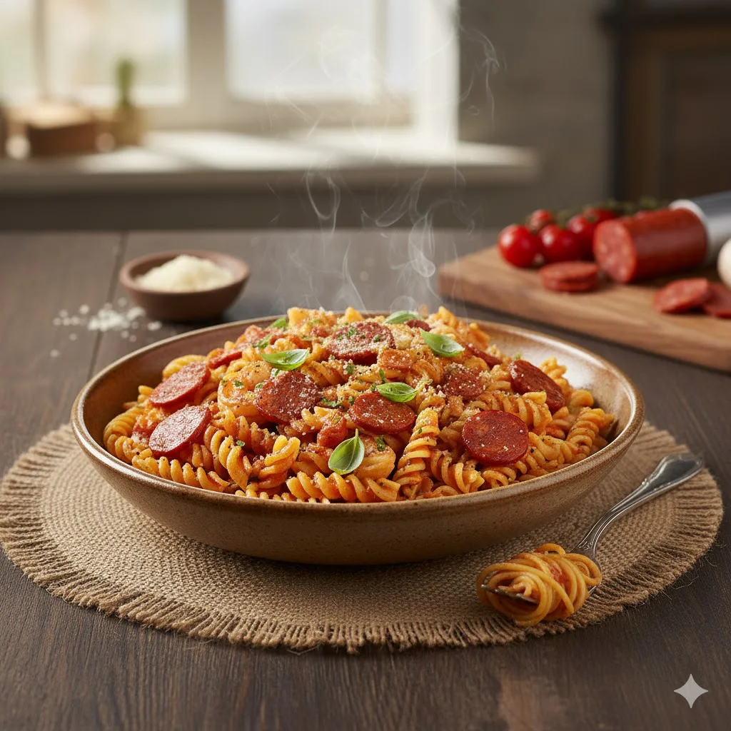 Pasta con chorizo y tomate concentrado listo para servir