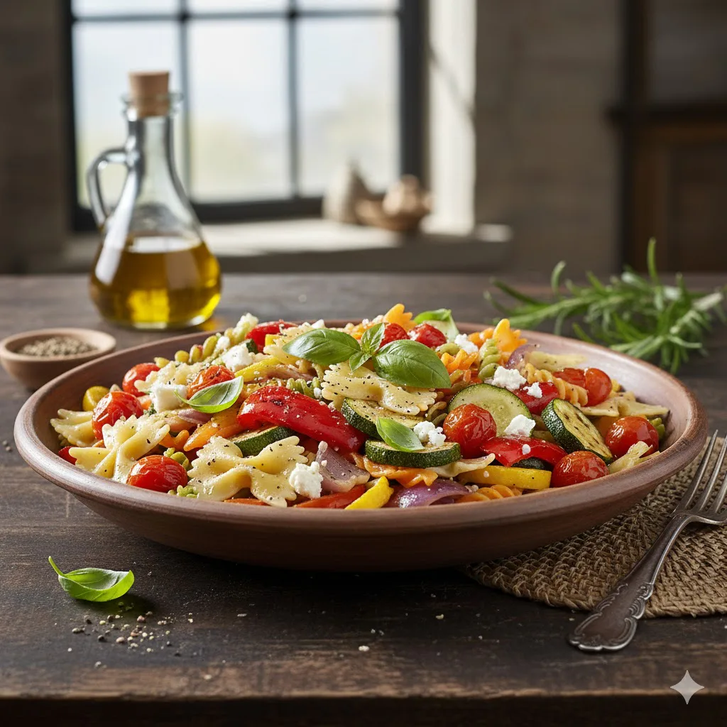 Pasta con verduras asadas y hierbas listo para servir