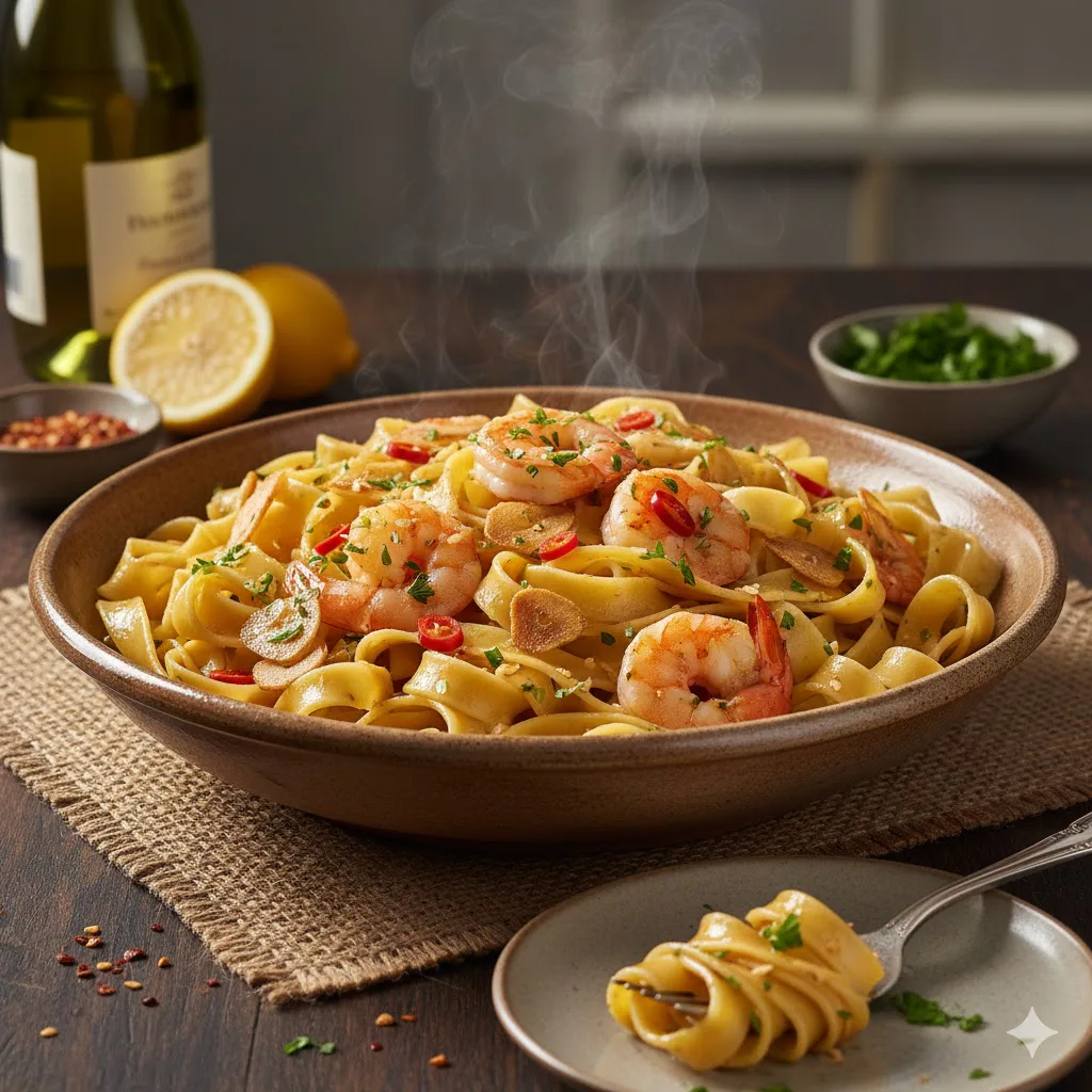 Tallarines con gambas al ajillo listo para servir