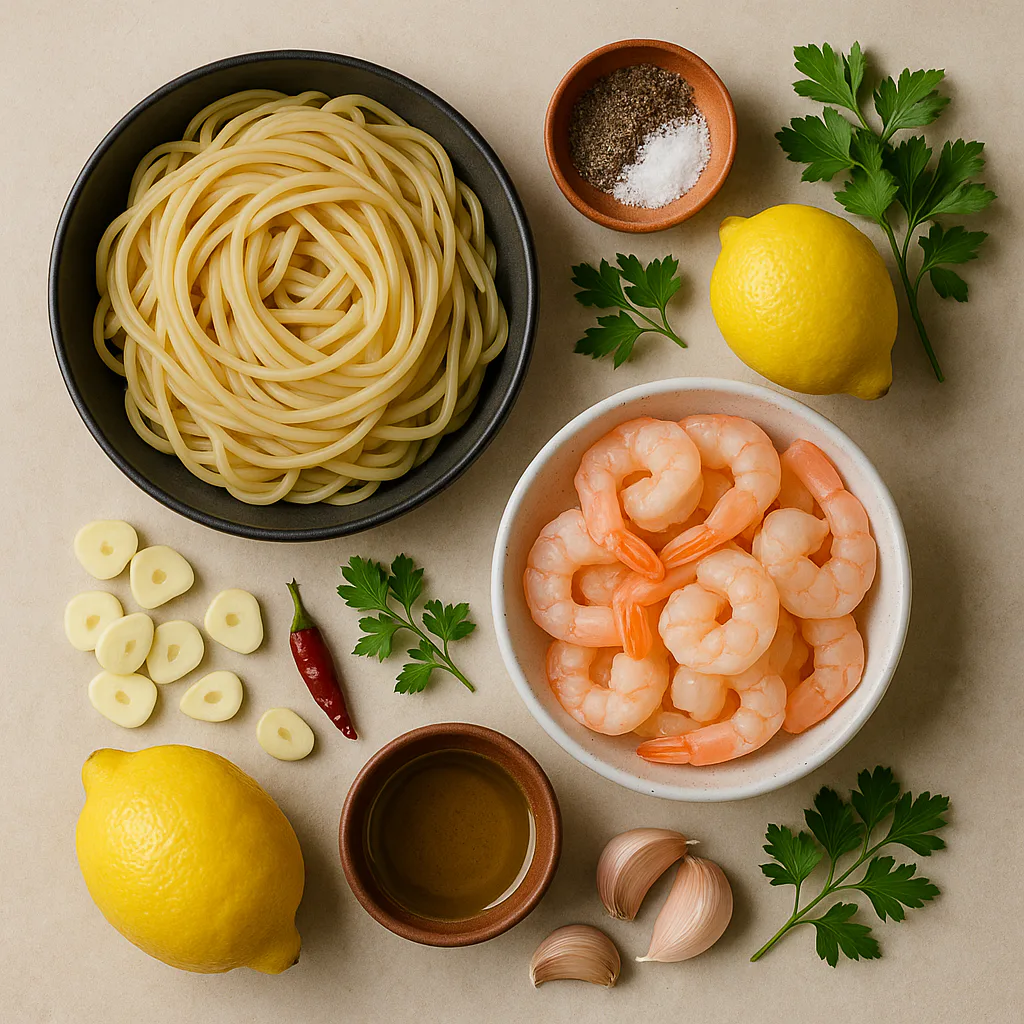 Ingredientes para Tallarines con gambas al ajillo