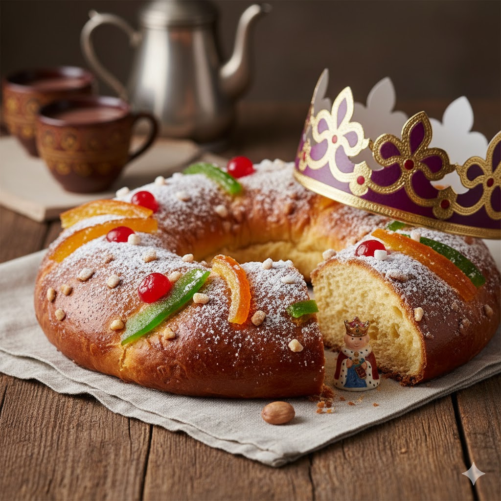Roscón de Reyes tradicional listo para servir