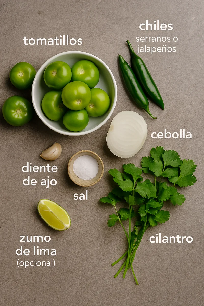 Ingredientes para salsa verde mexicana de tomatillo