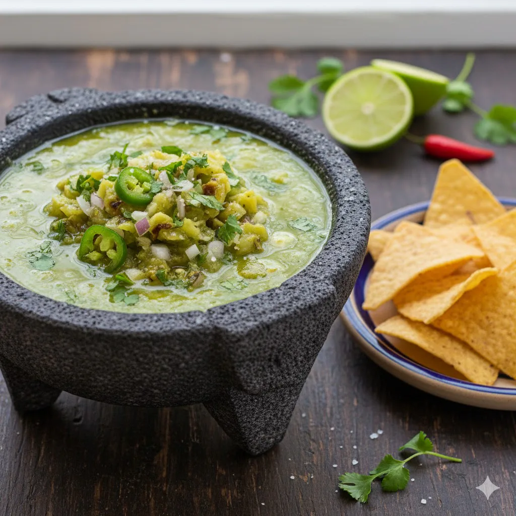 Salsa verde mexicana de tomatillo lista para servir