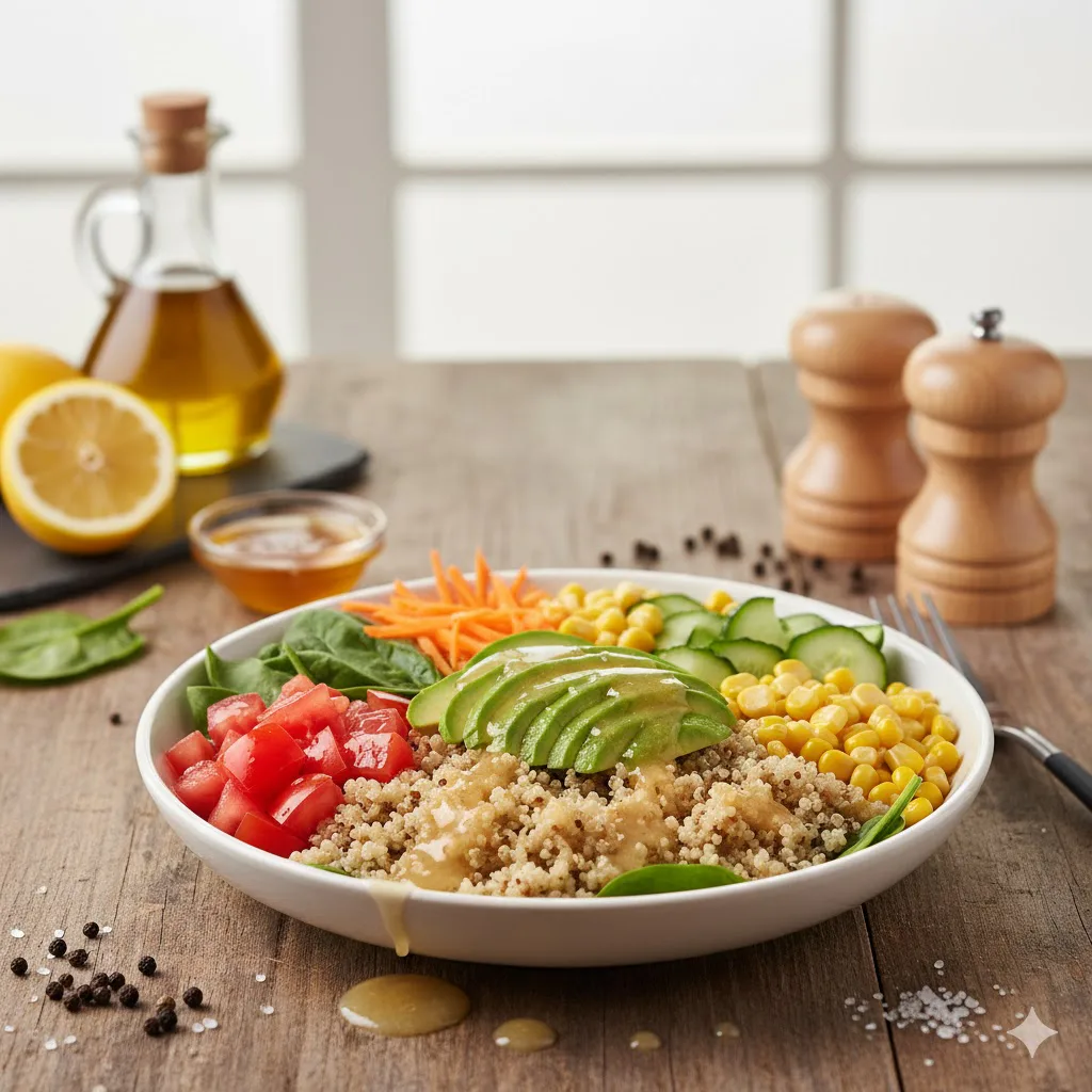 Bowl de quinoa con vegetales y aguacate listo para servir
