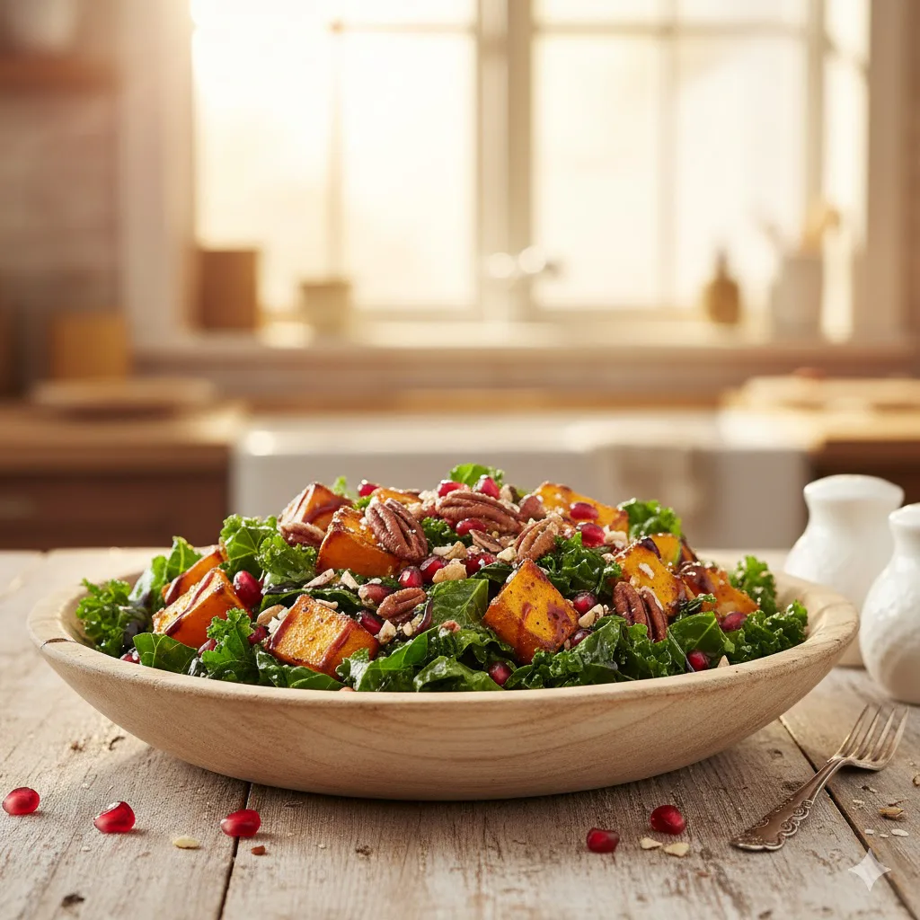 Ensalada de boniato asado, kale y granada listo para servir