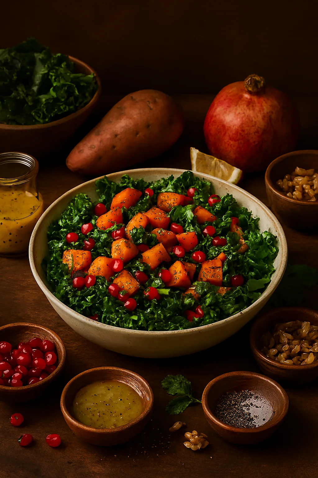 Ingredientes para Ensalada de boniato asado, kale y granada