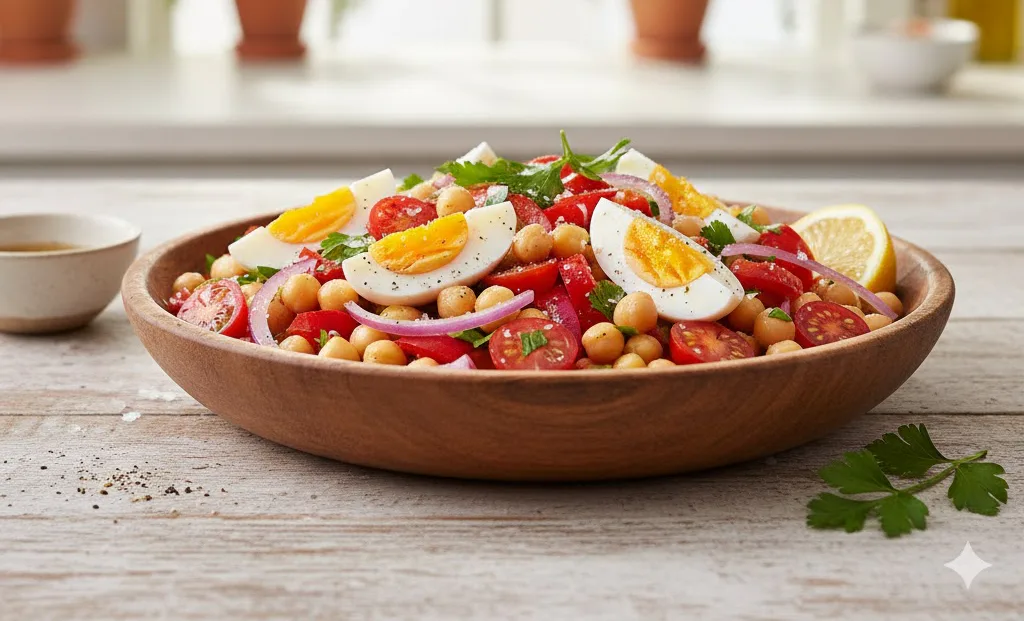 Ensalada de garbanzos con huevo y verduras