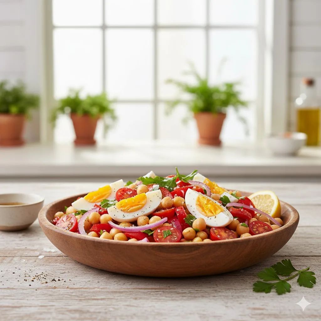 Ensalada de garbanzos con huevo y verduras listo para servir