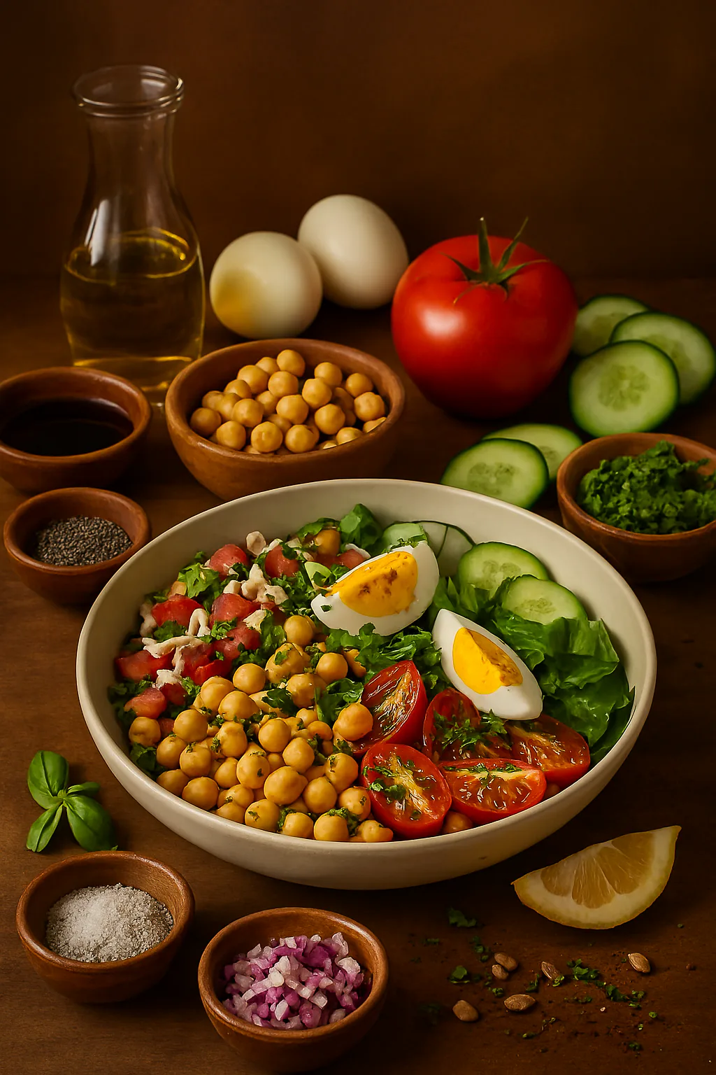 Ingredientes para Ensalada de garbanzos con huevo y verduras