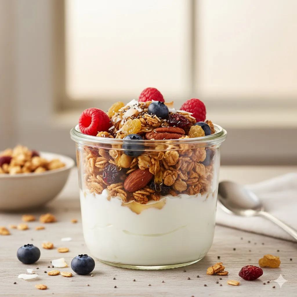 Yogur con granola y fruta fresca listo para servir