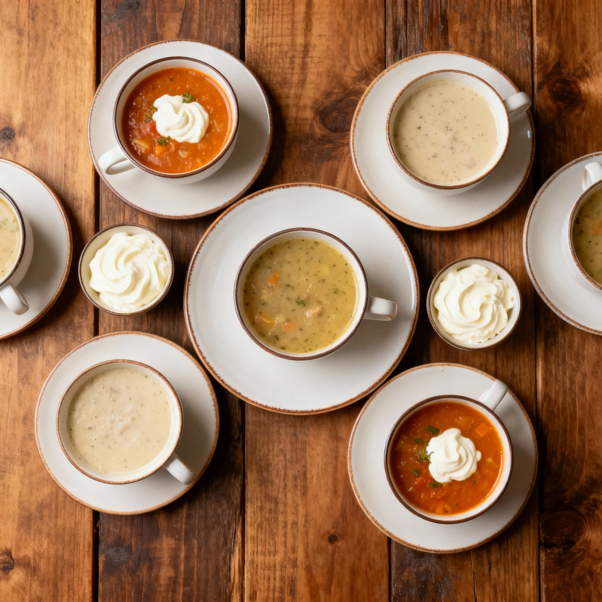 Mesa con sopas calientes, cremas de verduras, sopas frías, caldos y platos de cuchara del mundo