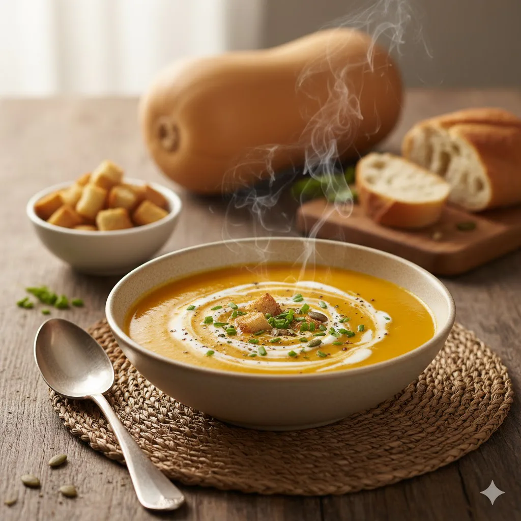Crema de calabaza suave y cremosa lista para servir