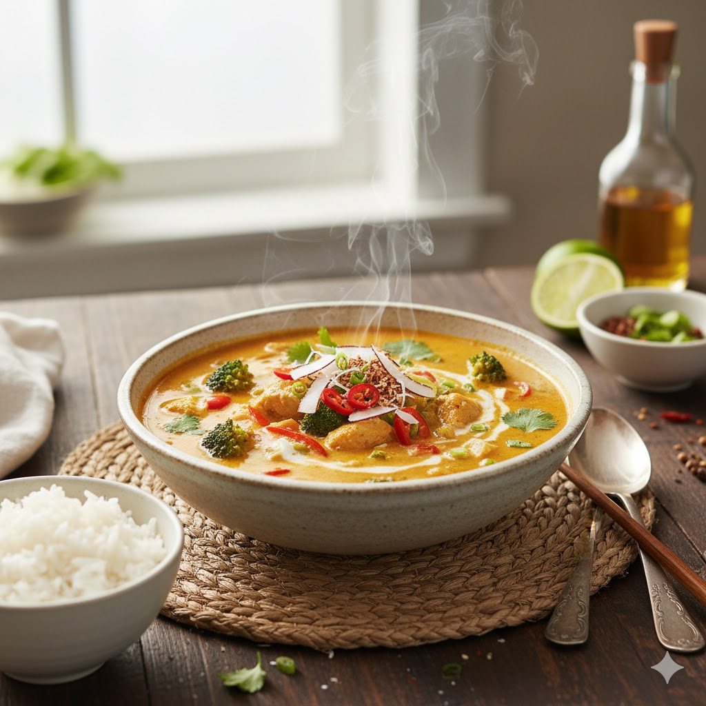 Sopa cremosa de coco y curry lista para servir