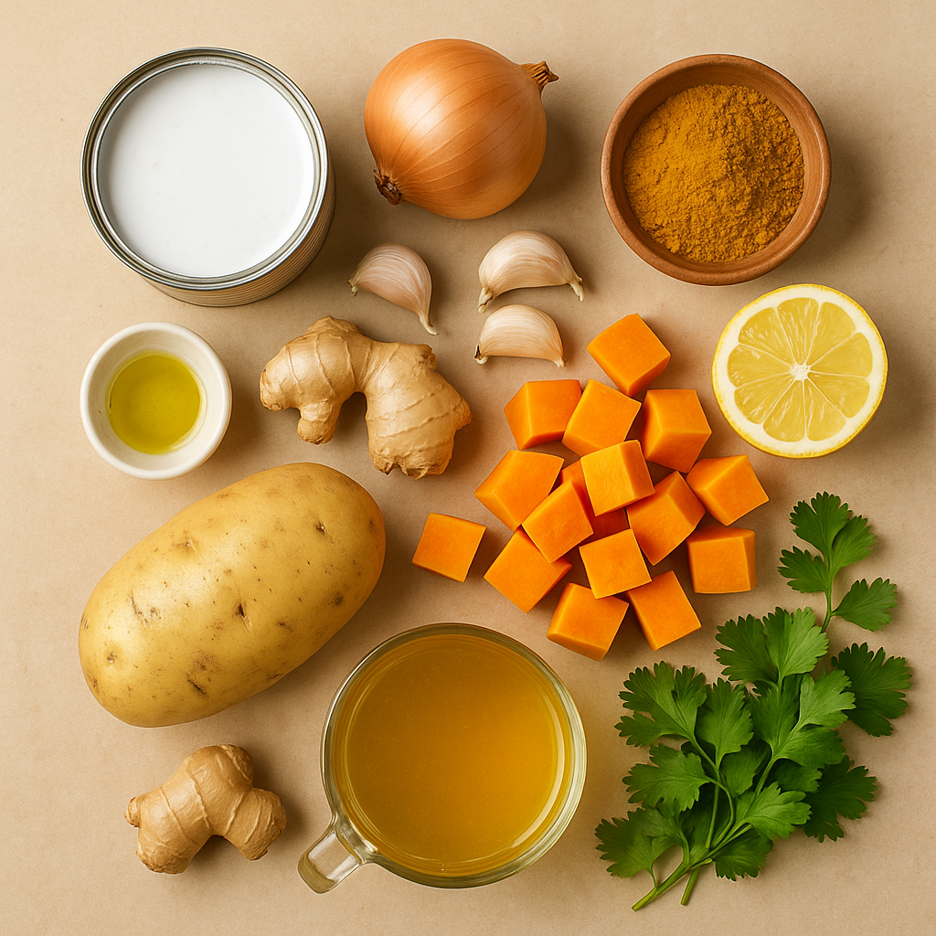Ingredientes para sopa cremosa de coco y curry
