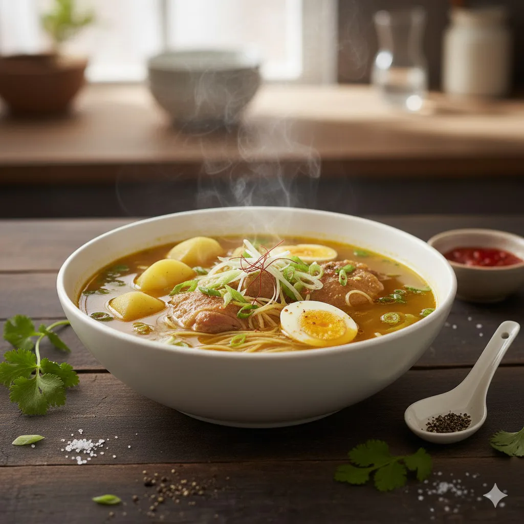 Sopa de gallina casera lista para servir