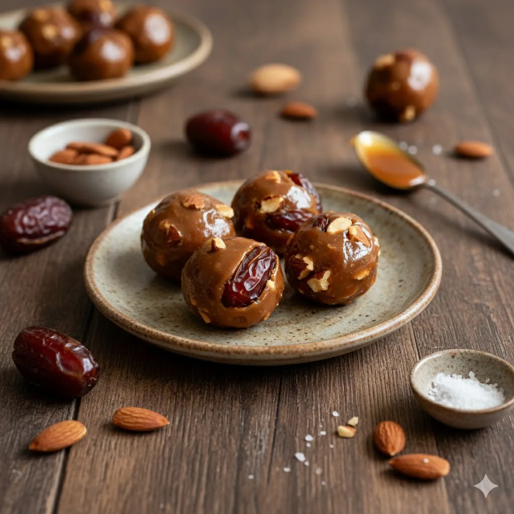 Bolitas veganas de dátil, cacao y frutos secos listo para servir