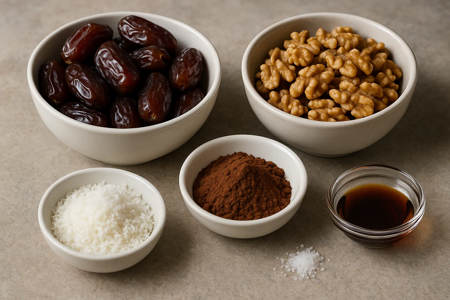 Ingredientes para Bolitas veganas de dátil, cacao y frutos secos