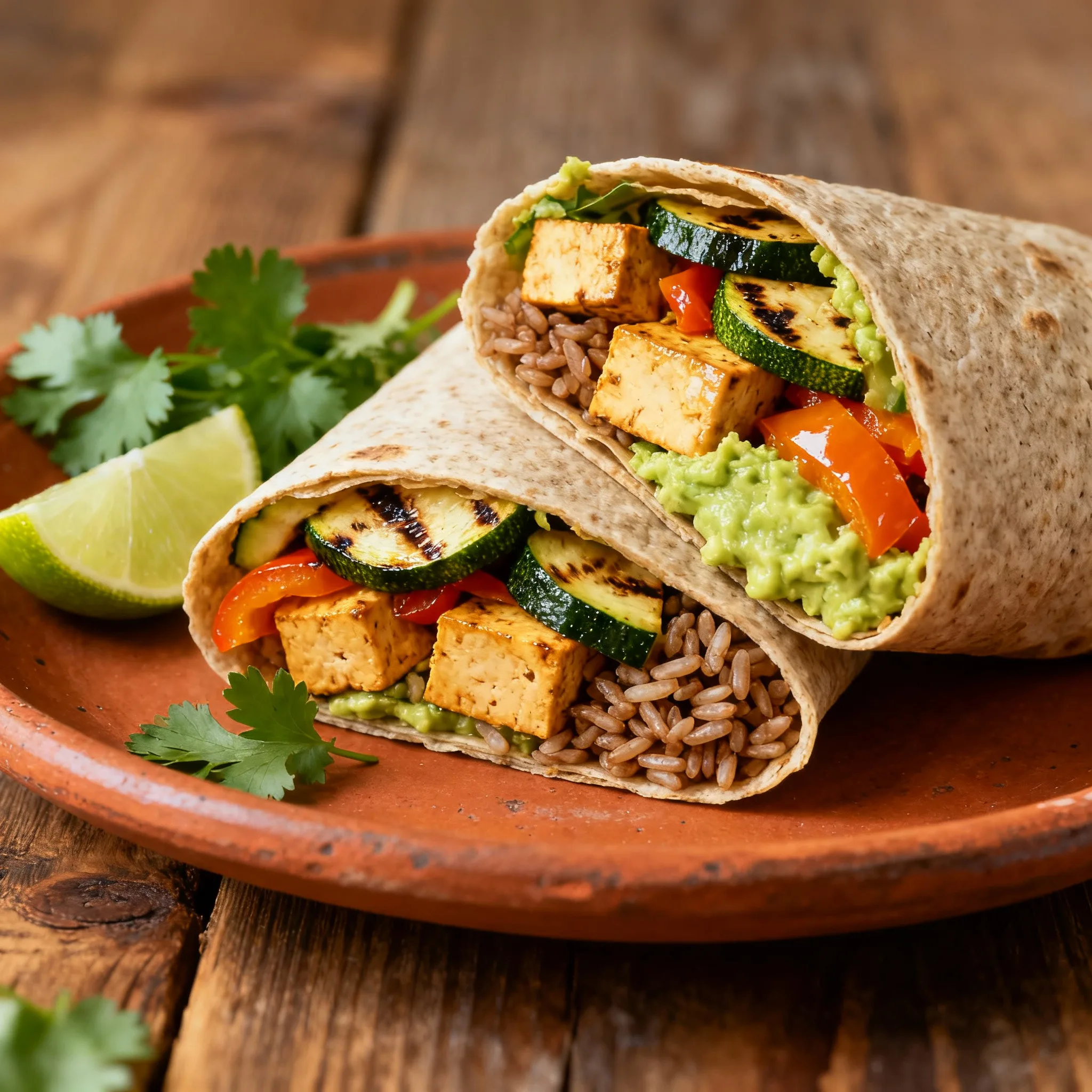 Burritos veganos de tofu, arroz y aguacate