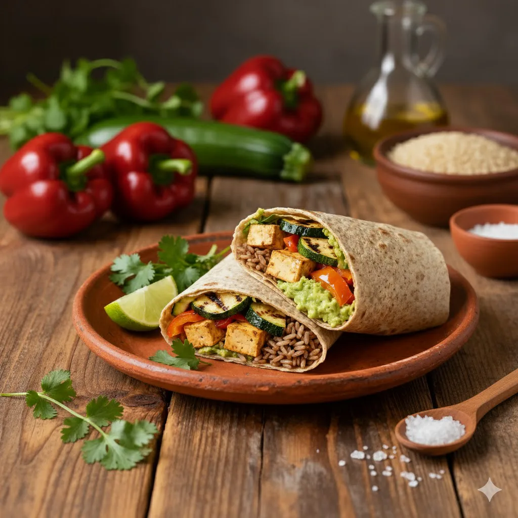 Burritos veganos de tofu, arroz y aguacate listo para servir