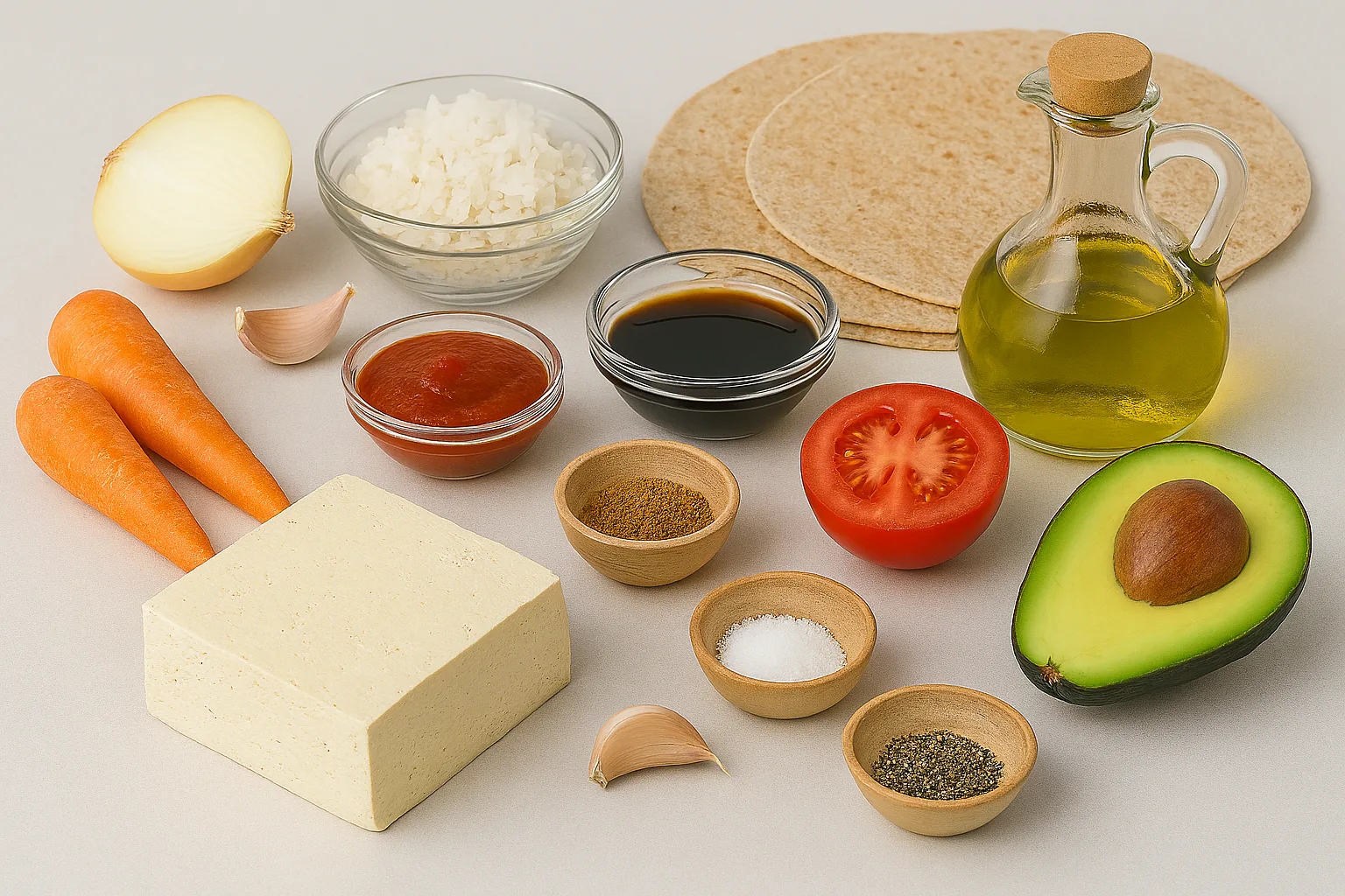 Ingredientes para Burritos veganos de tofu, arroz y aguacate