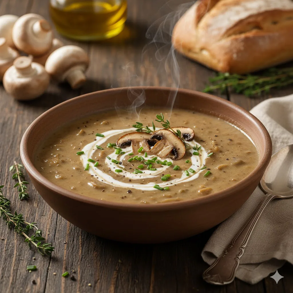 Crema de champiñones y puerro listo para servir