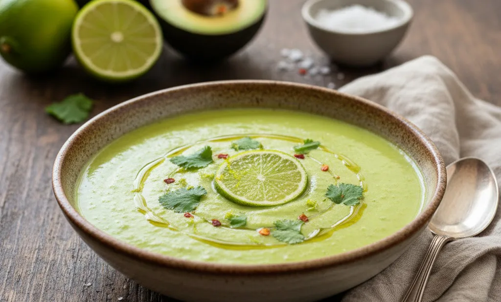 Crema fría de aguacate, pepino y lima