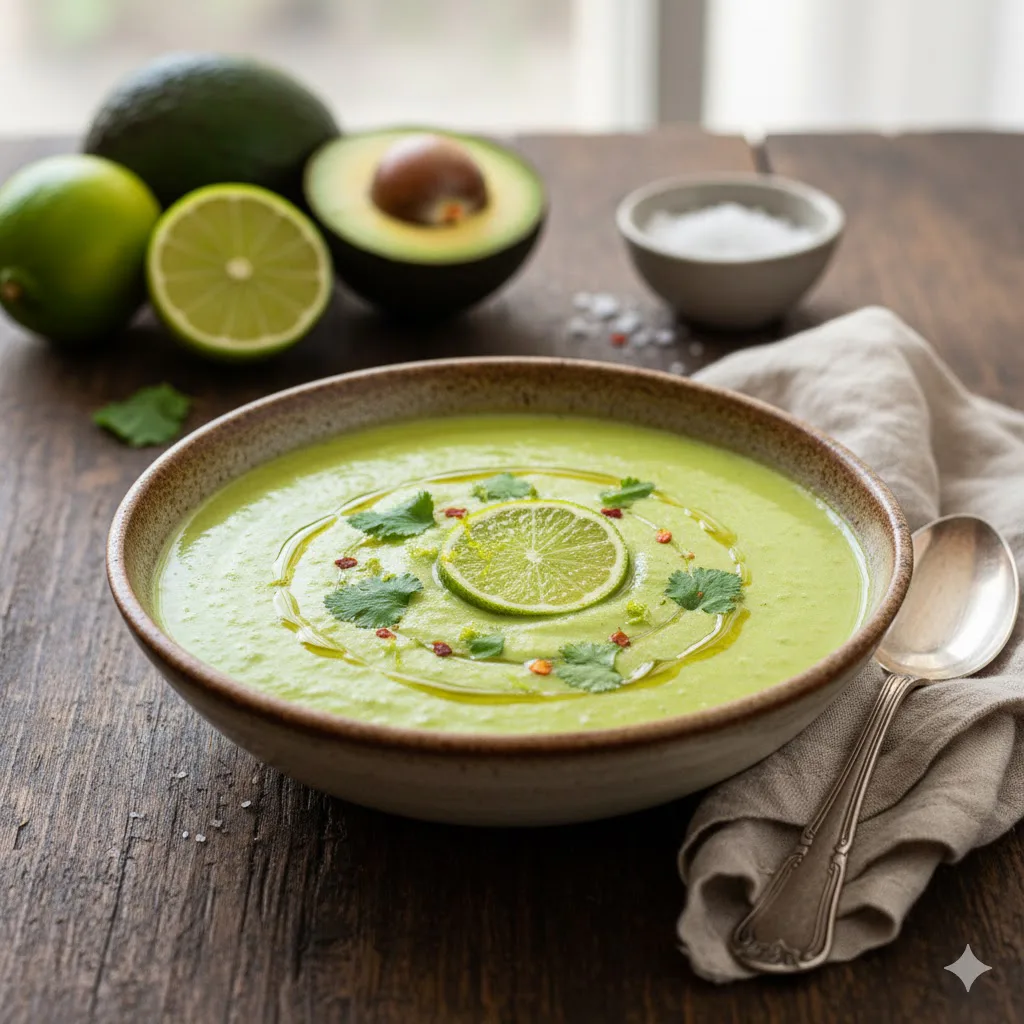 Crema fría de aguacate, pepino y lima listo para servir